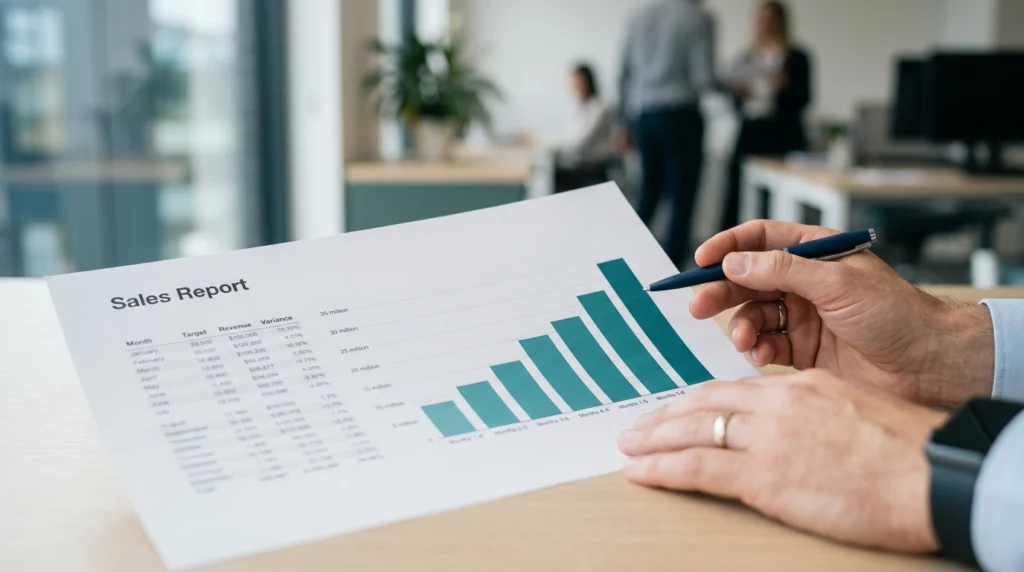 "Close-up of a GSA Schedule sales report showing rising revenue from federal government contracts