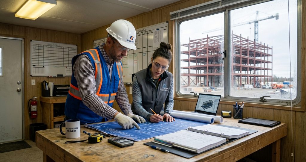 Construction manager and engineer reviewing plans for GSA scope