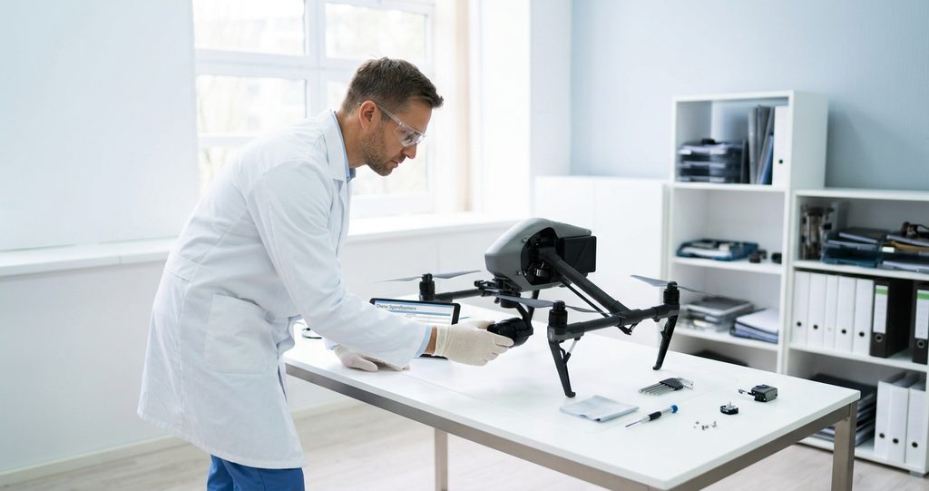Technician inspecting a drone configuration for Blue UAS compliance
