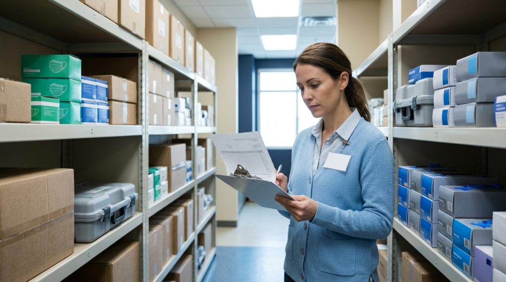 Public health department staff member reviewing a grant-funded order of medical supplies