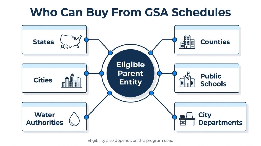 Infographic showing state and local entities eligible to buy from GSA Schedules