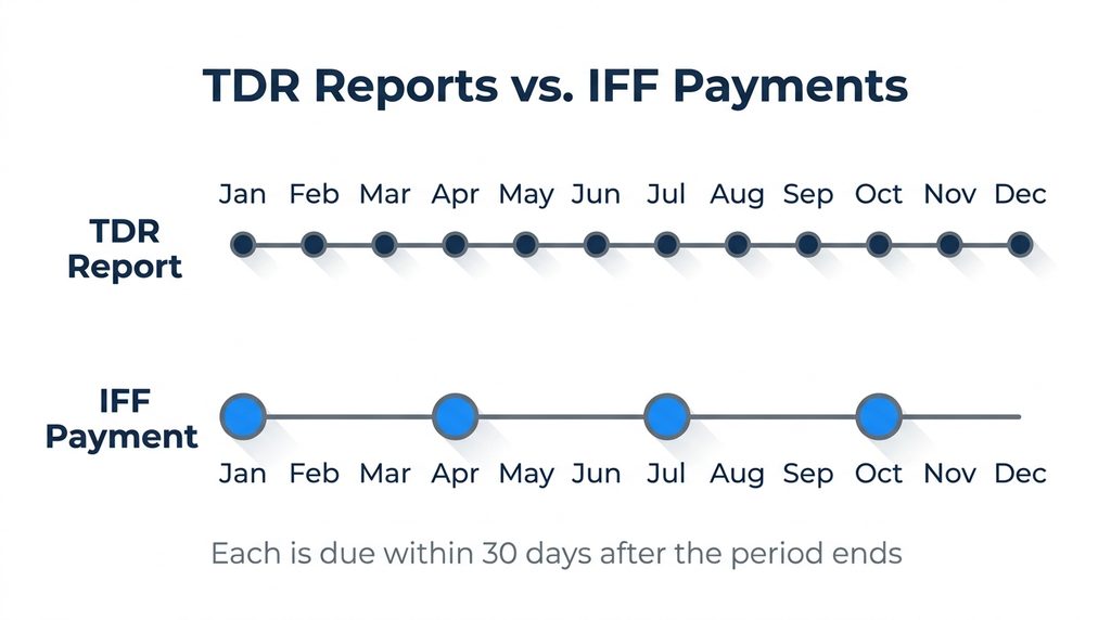 Timeline comparing monthly TDR report deadlines with quarterly IFF payment deadlines