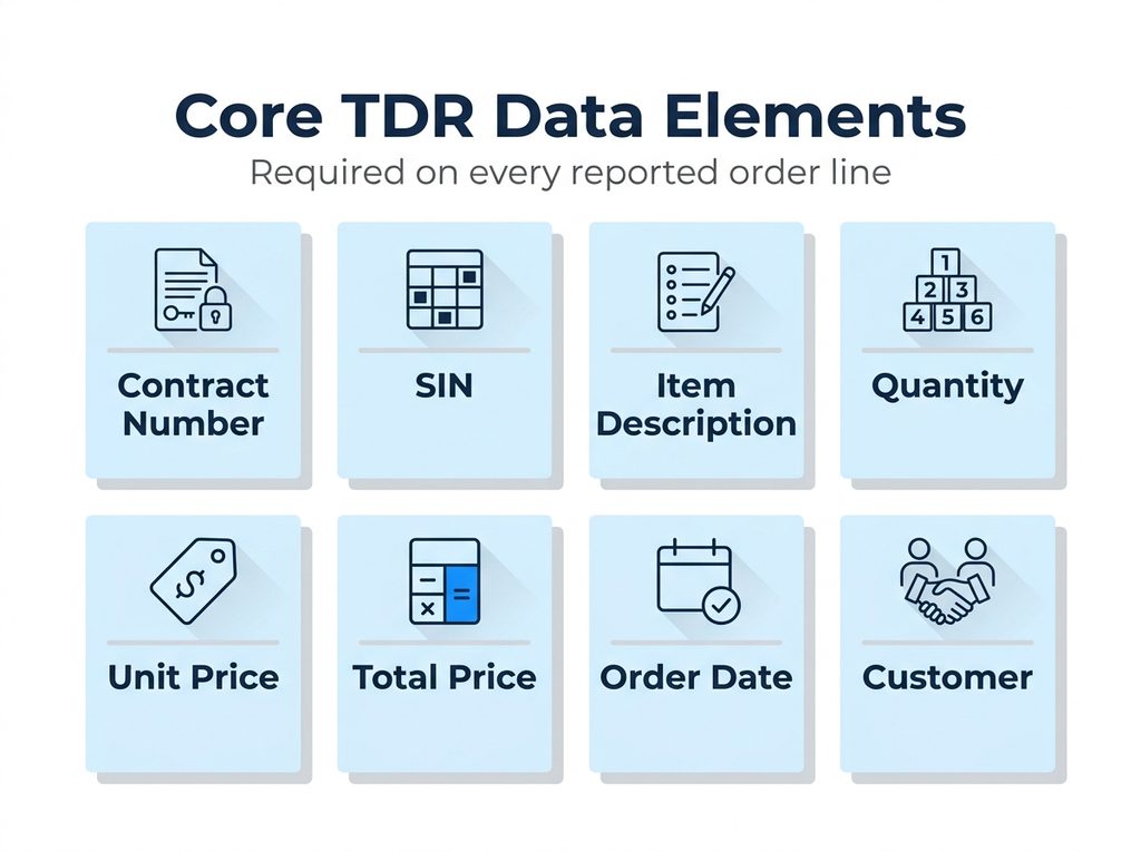 Core TDR required data elements: contract number, SIN, item description, quantity, unit price, total price, order date, customer